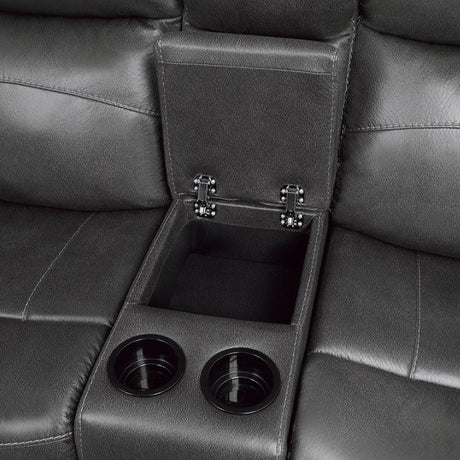 Yerba Dark Gray Polished Microfiber Fabric Double Lay Flat Reclining Love Seat Center Console - Ella Furniture