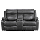 Yerba Dark Gray Polished Microfiber Fabric Double Lay Flat Reclining Love Seat Center Console - Ella Furniture