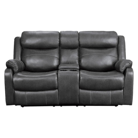 Yerba Dark Gray Polished Microfiber Fabric Double Lay Flat Reclining Love Seat Center Console - Ella Furniture