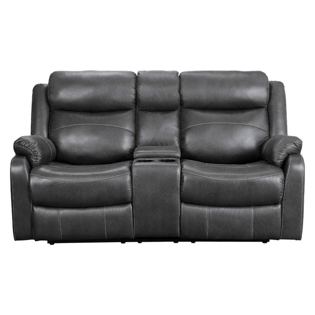 Yerba Dark Gray Polished Microfiber Fabric Double Lay Flat Reclining Love Seat Center Console - Ella Furniture