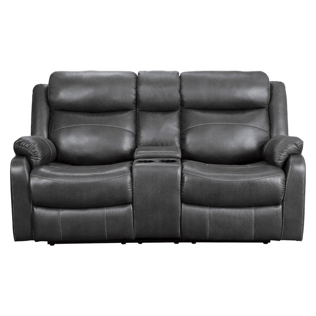 Yerba Dark Gray Polished Microfiber Fabric Double Lay Flat Reclining Love Seat Center Console - Ella Furniture