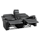 Yerba Dark Gray Polished Microfiber Fabric Double Lay Flat Reclining Love Seat Center Console - Ella Furniture