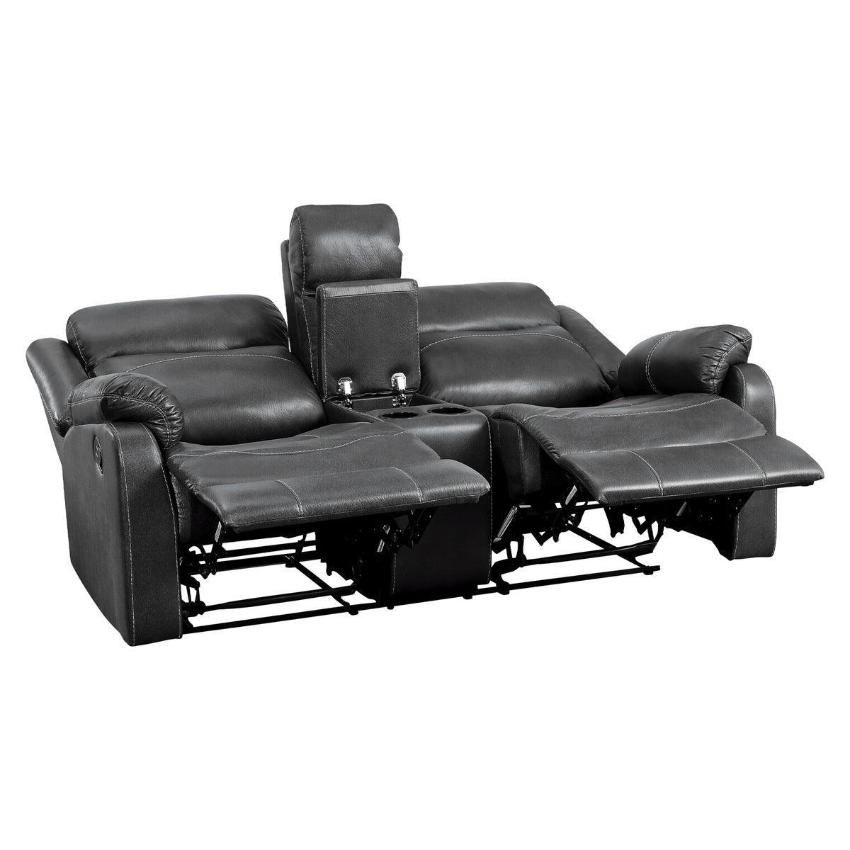 Yerba Dark Gray Polished Microfiber Fabric Double Lay Flat Reclining Love Seat Center Console - Ella Furniture