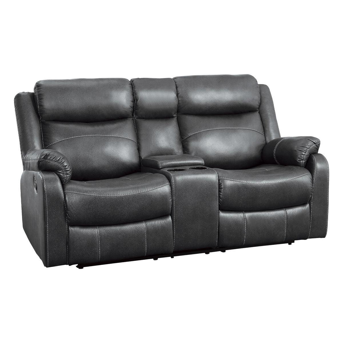Yerba Dark Gray Polished Microfiber Fabric Double Lay Flat Reclining Love Seat Center Console - Ella Furniture