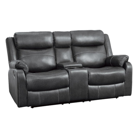 Yerba Dark Gray Polished Microfiber Fabric Double Lay Flat Reclining Love Seat Center Console - Ella Furniture