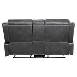 Yerba Dark Gray Polished Microfiber Fabric Double Lay Flat Reclining Love Seat Center Console - Ella Furniture