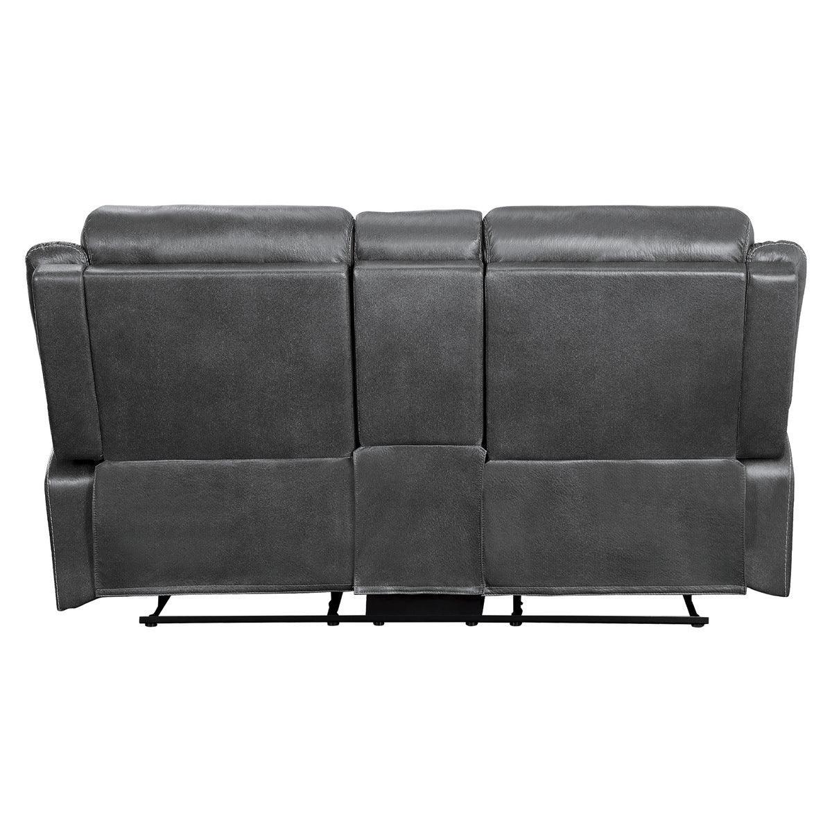 Yerba Dark Gray Polished Microfiber Fabric Double Lay Flat Reclining Love Seat Center Console - Ella Furniture
