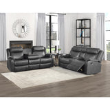 Yerba Dark Gray Polished Microfiber Fabric Double Lay Flat Reclining Love Seat Center Console - Ella Furniture