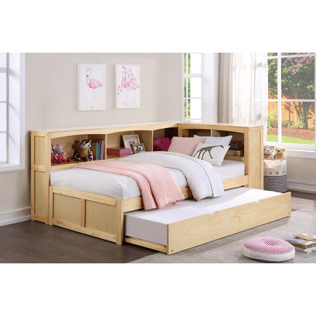 Bartly Natural Pine Wood And Engineered Wood Youth Twin Bookcase Corner Bed With Twin Trundle - Ella Furniture