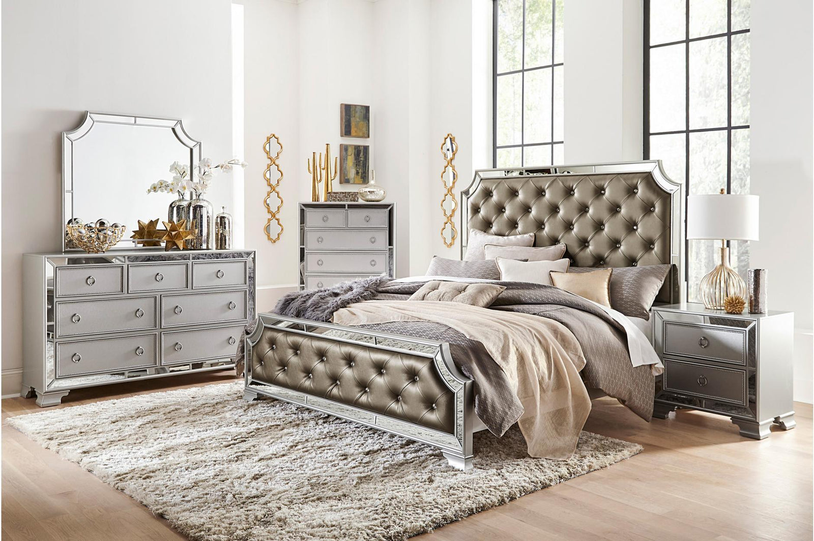 Avondale Silver Modern Contemporary Wood Polyurethane Upholstered Tufted Panel Bedroom Set - Ella Furniture