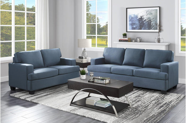 Elmont Blue Solid Wood And Plywood Textured Fabric Upholstery 2Pc Set: Sofa, Love - Ella Furniture