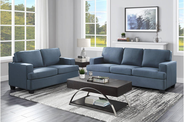 Elmont Blue Solid Wood And Plywood Textured Fabric Upholstery 2Pc Set: Sofa, Love - Ella Furniture