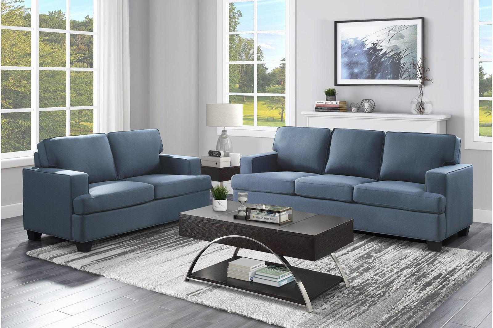 Elmont Blue Solid Wood And Plywood Textured Fabric Upholstery 2Pc Set: Sofa, Love - Ella Furniture
