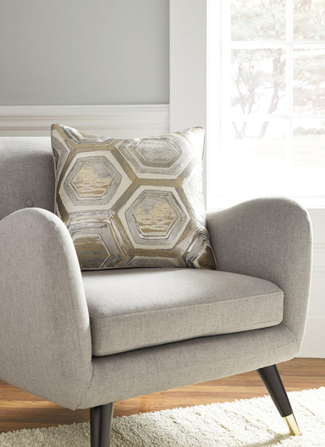 Group of 4 Meiling Metallic Pillows styled on sectional sofa