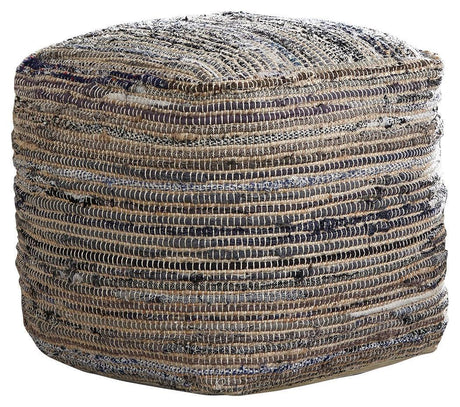 Absalom Denim Pouf angled view highlighting hand-stitching and texture