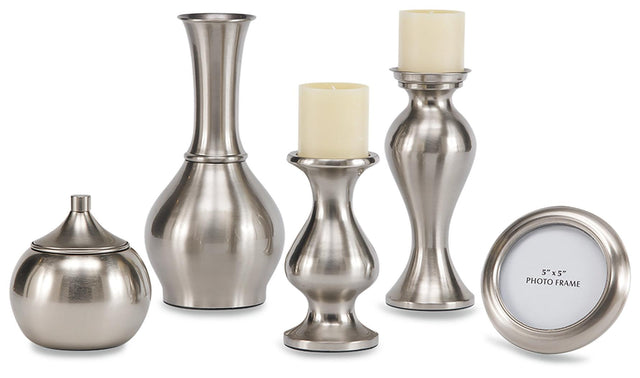 Rishona Brushed Silver Finish Accessory Set (Set Of 5) - Ella Furniture