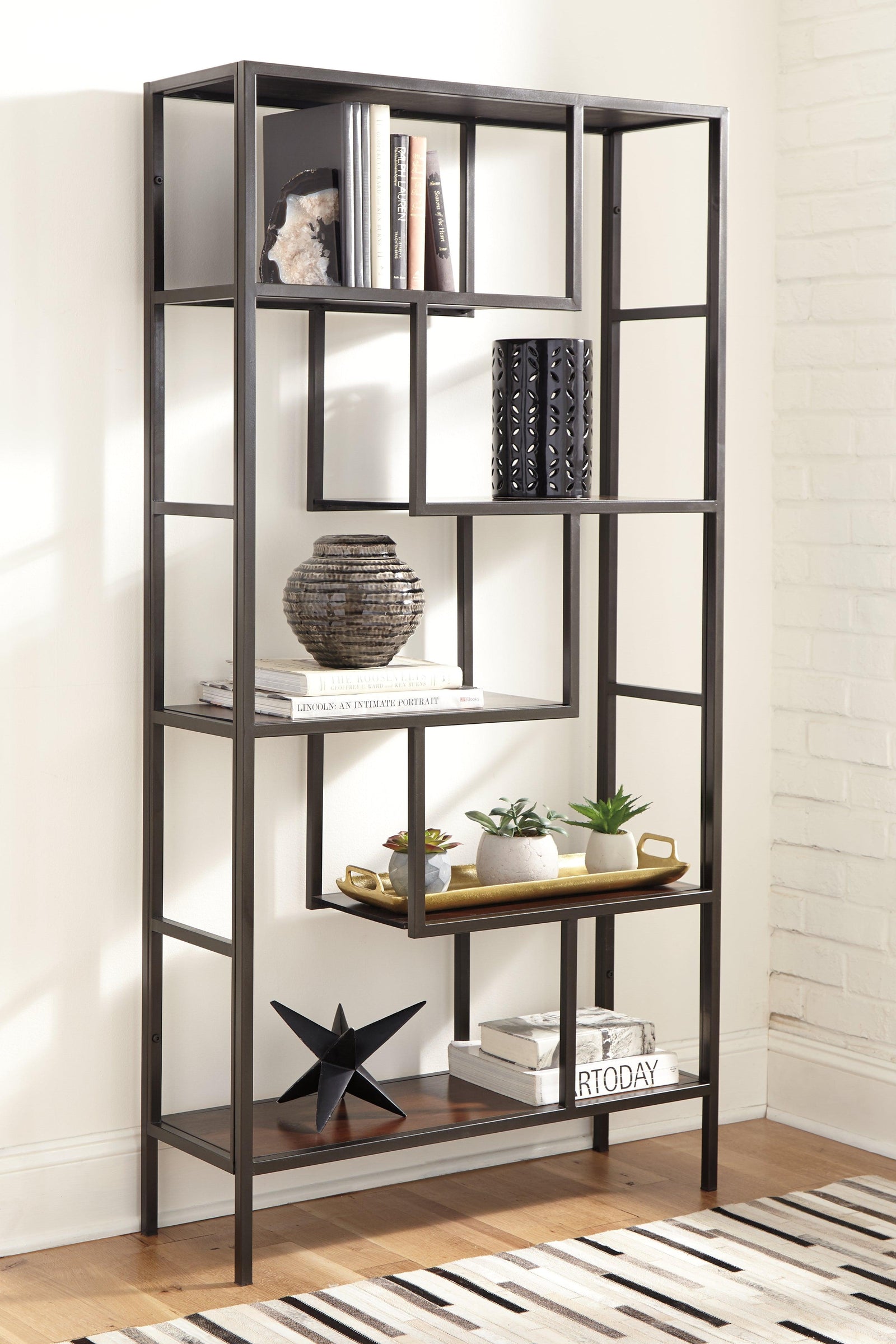 Frankwell Brown/Black Bookcase - Ella Furniture