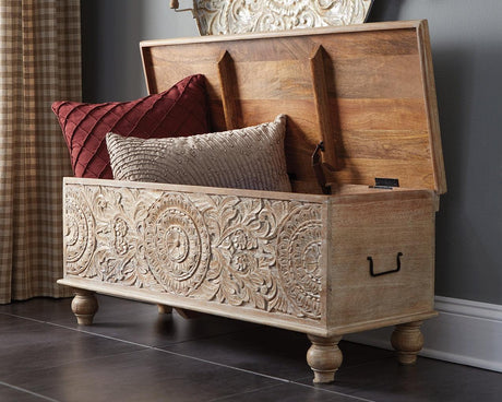 Fossil Ridge Beige Storage Bench front view with cushioned seat