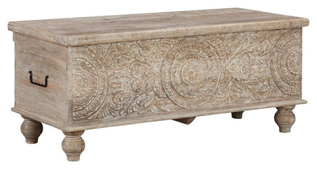 Fossil Ridge Storage Bench side angle showing black metal handles
