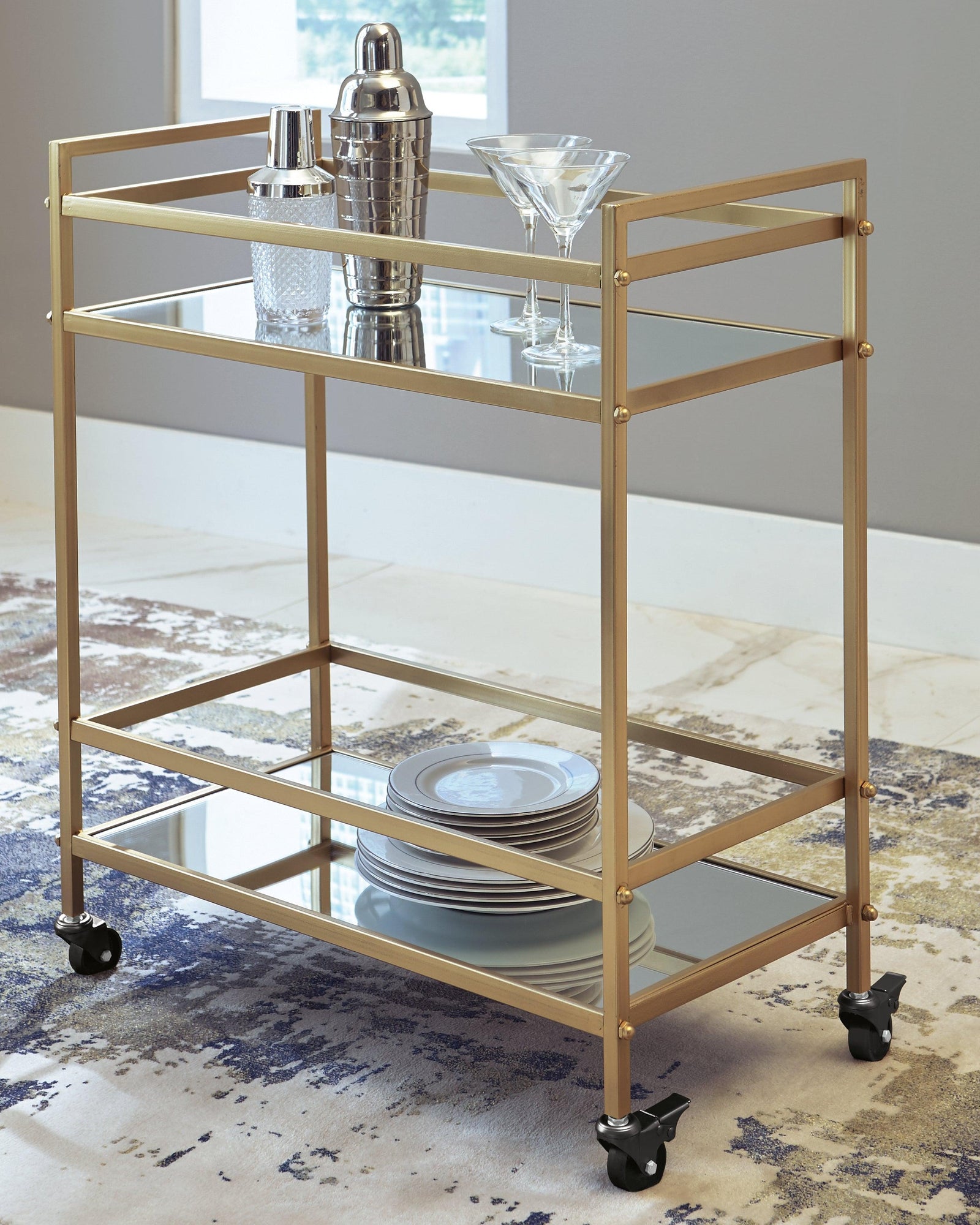 Kailman Gold Finish Bar Cart - Ella Furniture