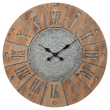 Side angle showing slim profile of Payson 31 inch wall clock with antique gray finish and natural wood accents