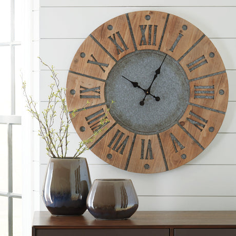 Close-up detail of bold Roman numerals and galvanized metal on Payson wall clock