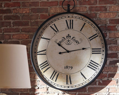 Augustina Antique Black Metal Wall Clock with Pendulum, front view