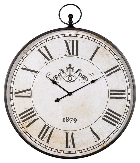 Side angle of Augustina antique black metal wall clock showing pendulum