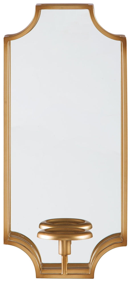 Close-up of Dumi goldtone metal wall sconce showing candle dish and mirror
