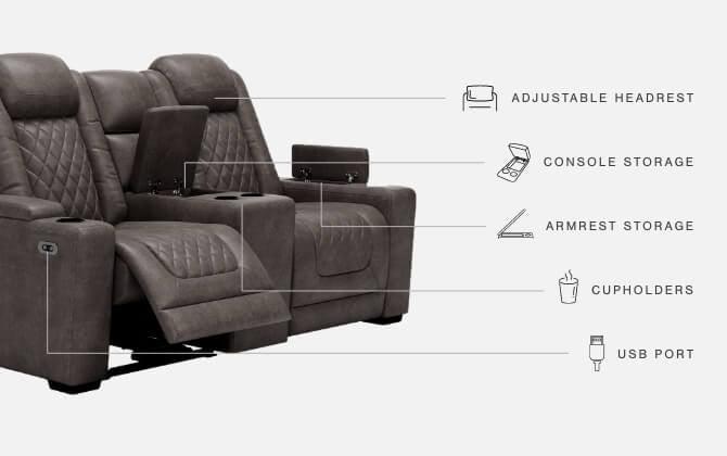 Hyllmont Gray Faux Leather Power Reclining Loveseat With Console - Ella Furniture
