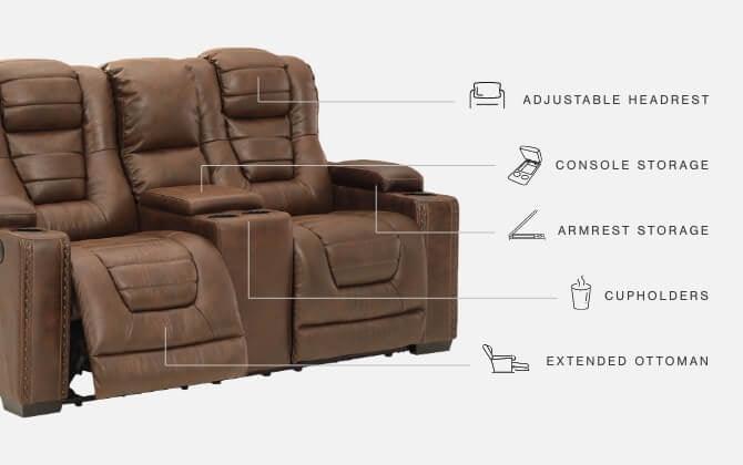 Owner's Box Thyme Faux Leather Power Reclining Loveseat With Console - Ella Furniture