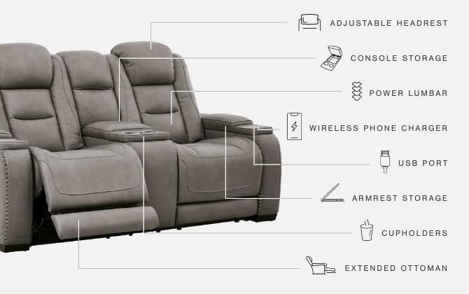 The Man-den Gray Leather Power Reclining Loveseat With Console - Ella Furniture
