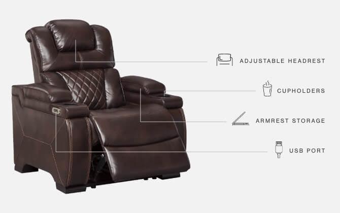 Warnerton Chocolate Faux Leather Power Recliner - Ella Furniture