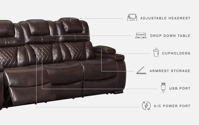 Warnerton Chocolate Faux Leather Power Reclining Sofa - Ella Furniture