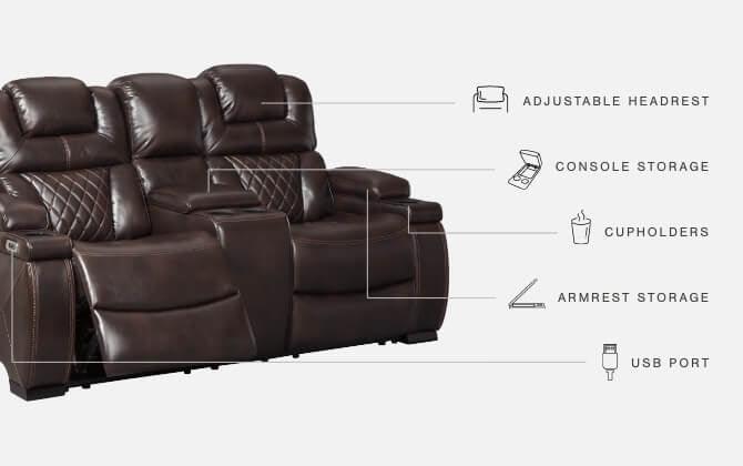 Warnerton Chocolate Faux Leather Power Reclining Loveseat With Console - Ella Furniture