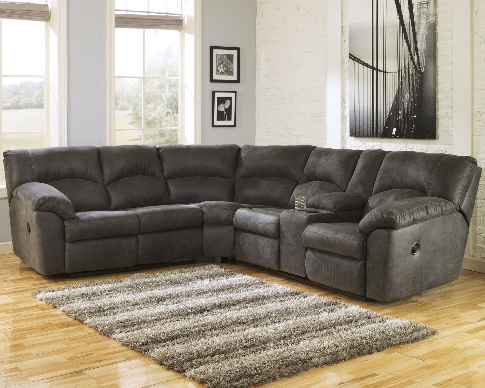 Tambo Pewter Faux Leather 2-Piece Reclining Sectional - Ella Furniture