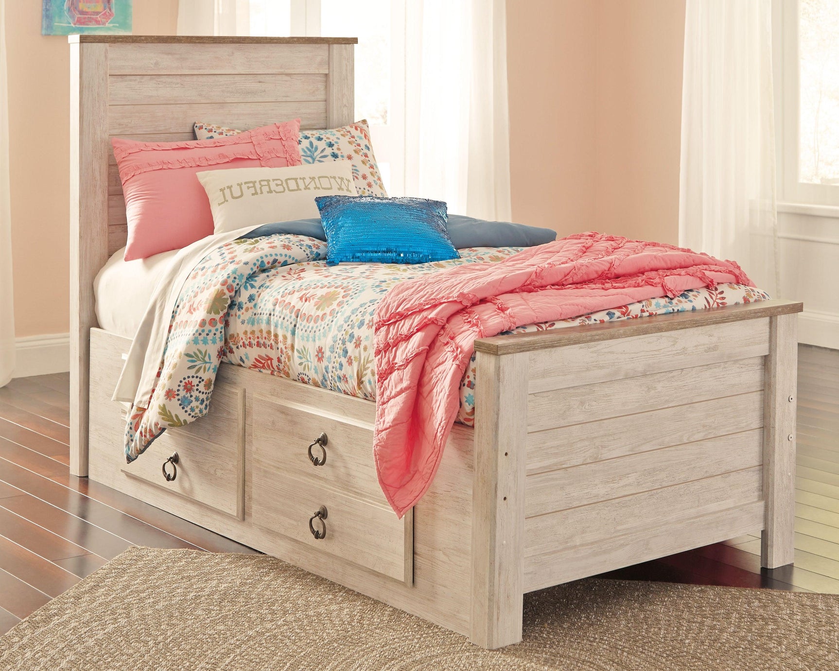 Willowton Whitewash Twin Panel Bed With 2 Storage Drawers - Ella Furniture