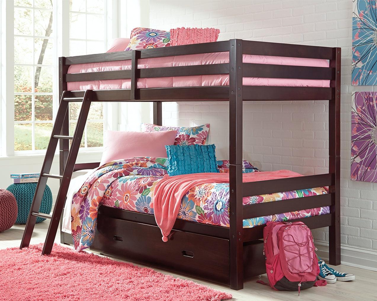 Halanton Dark Brown Twin Over Twin Bunk Bed With 1 Large Storage Drawer - Ella Furniture