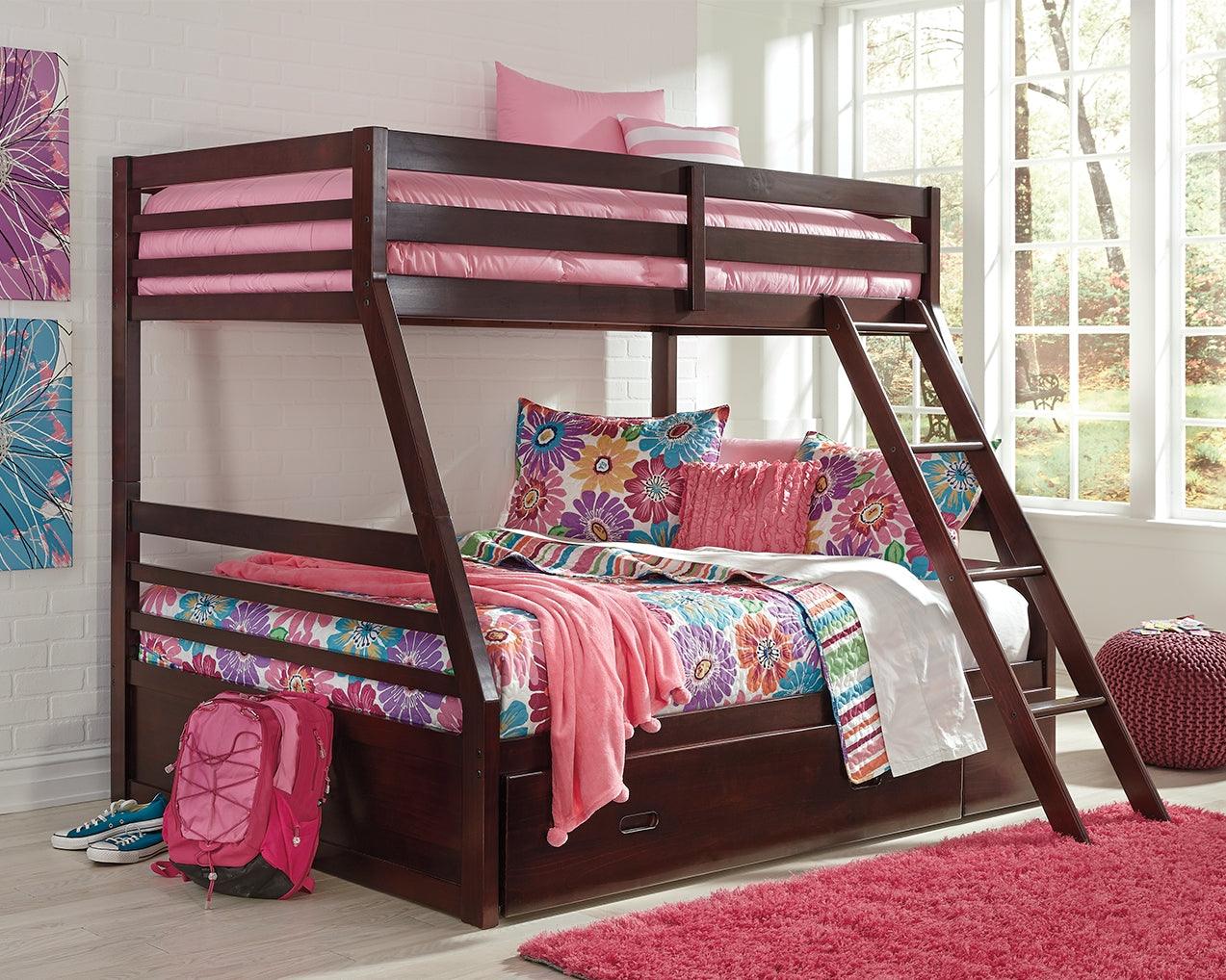 Halanton Dark Brown Twin Over Full Bunk Bed With 1 Large Storage Drawer - Ella Furniture