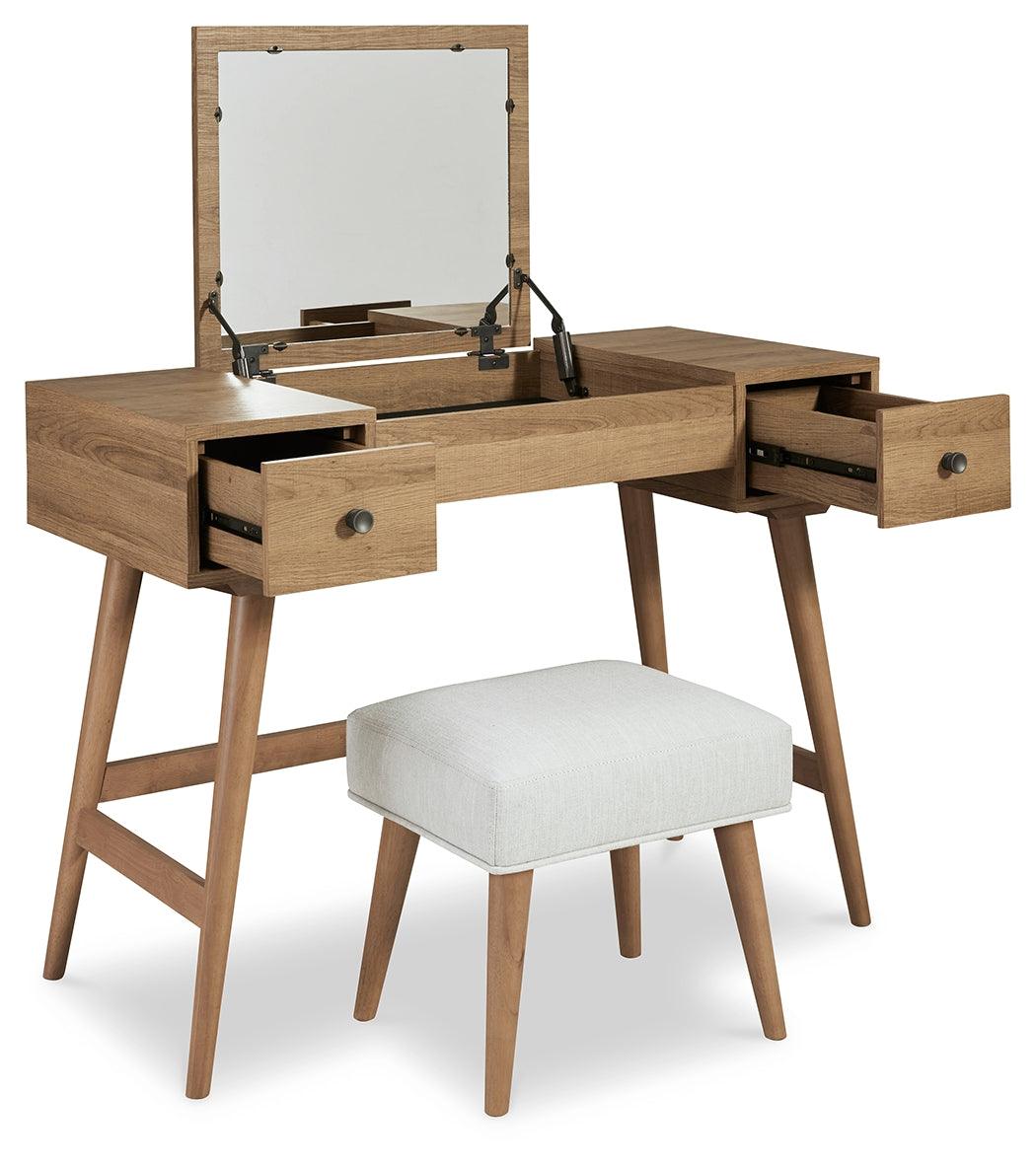 Thadamere Light Brown Vanity With Stool - Ella Furniture