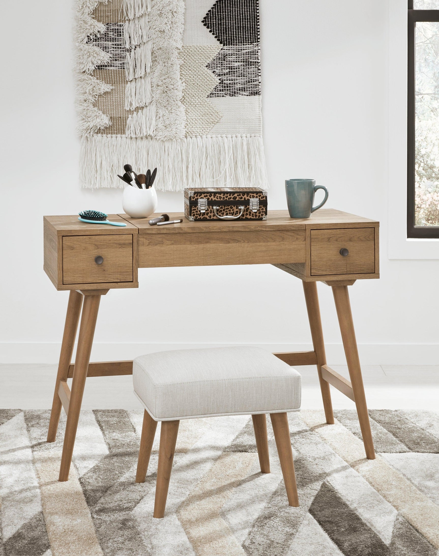 Thadamere Light Brown Vanity With Stool - Ella Furniture