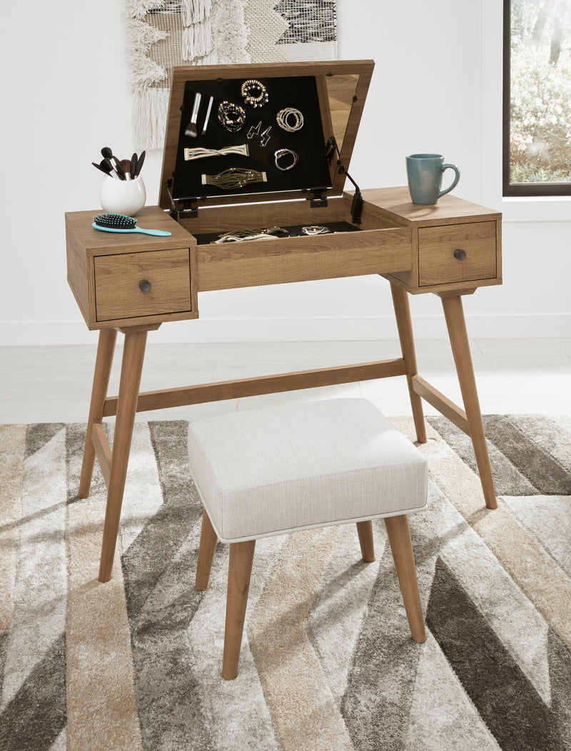 Thadamere Light Brown Vanity With Stool - Ella Furniture