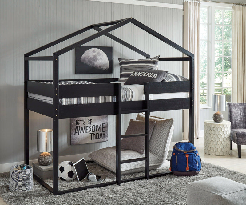 Flannibrook Black Twin Over Twin House Loft Bed - Ella Furniture