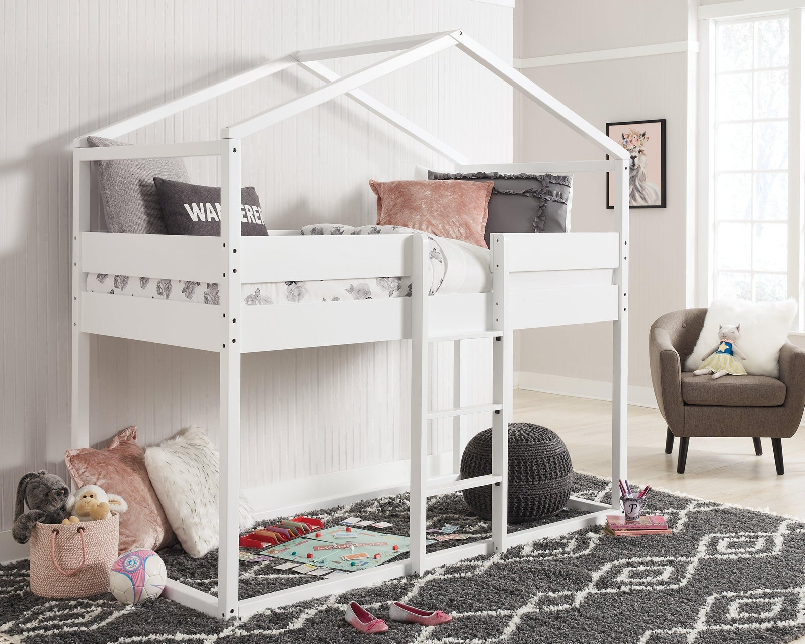 Flannibrook White Twin Over Twin House Loft Bed - Ella Furniture