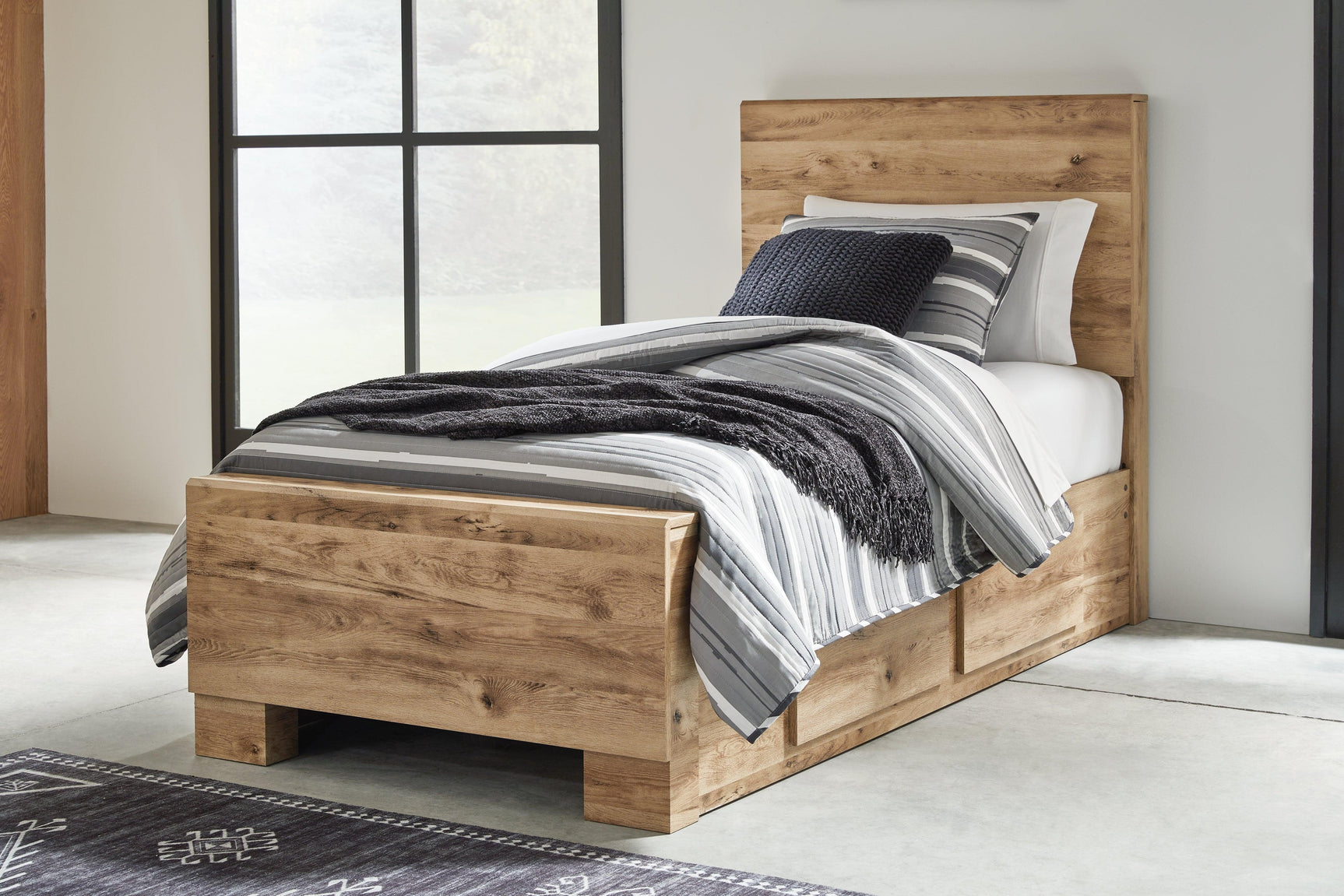 Hyanna Tan Brown Twin Panel Bed With 1 Side Storage - Ella Furniture