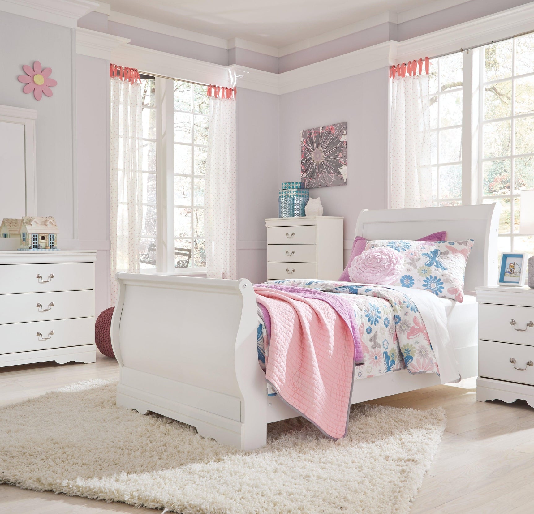 Anarasia White Twin Sleigh Bed - Ella Furniture