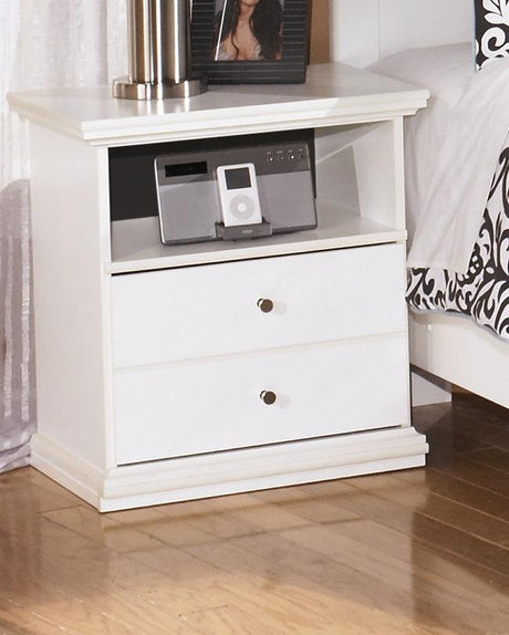 Bostwick Shoals White Nightstand front angle showing drawer and open cubby