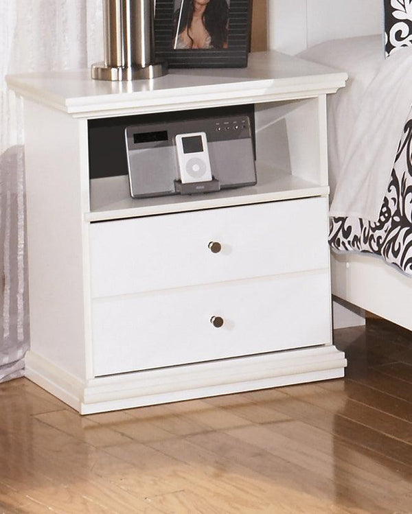 Bostwick Shoals White Nightstand front angle showing drawer and open cubby