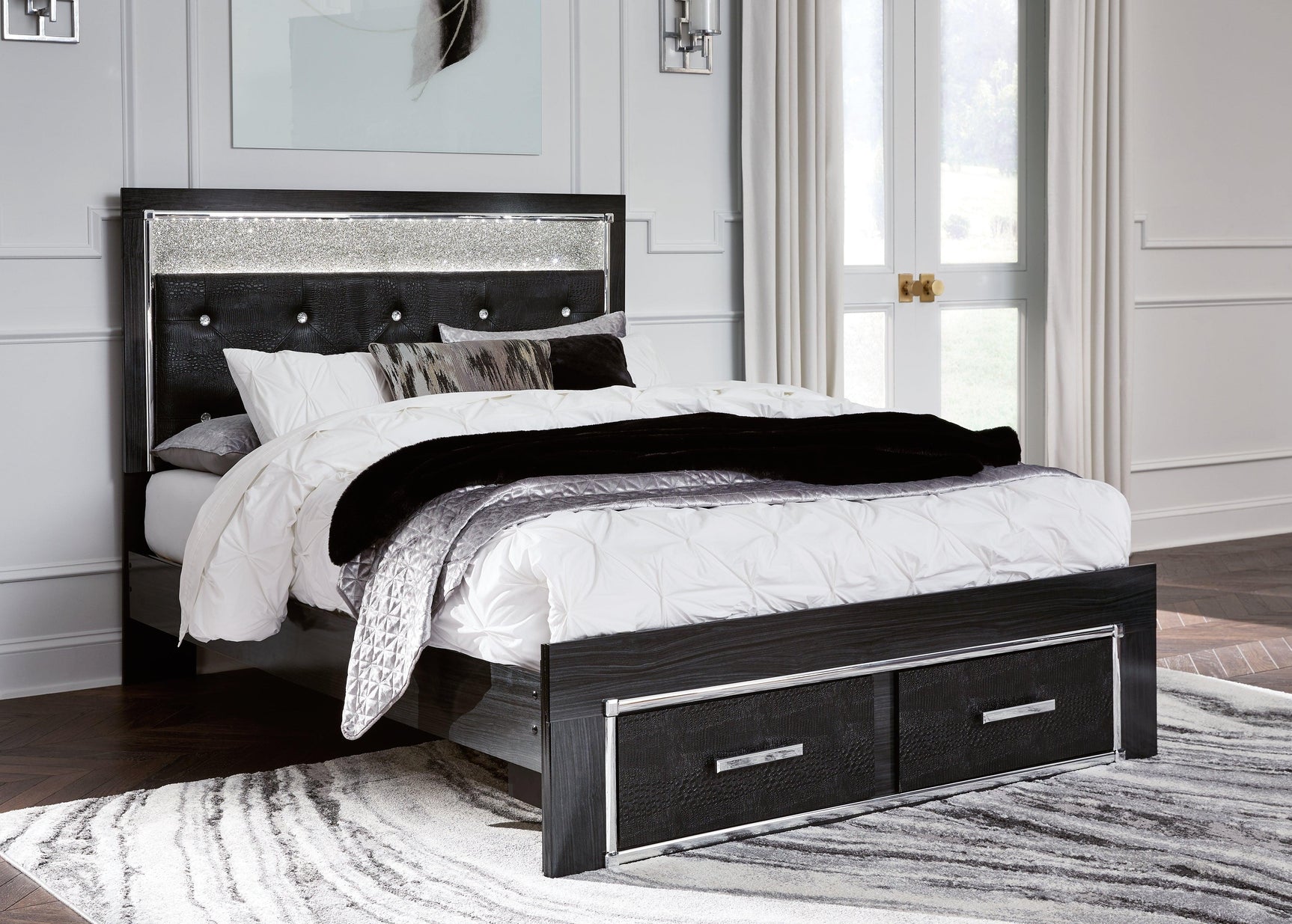 Kaydell Black Queen Upholstered Panel Storage Bed - Ella Furniture