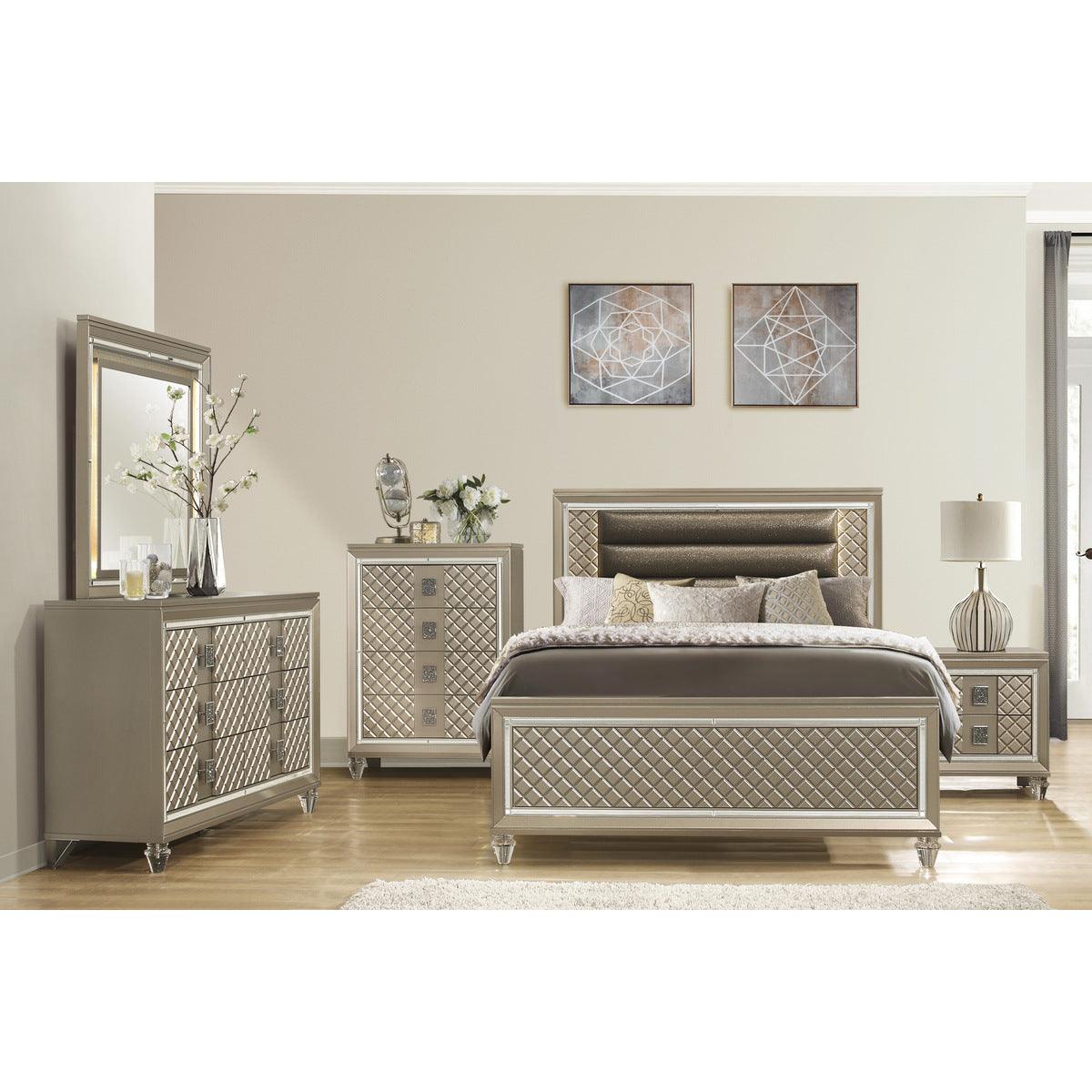 Loudon Champagne Metallic Wood, Engineered Wood Faux Leather Upholstered Youth Full Platform Bed - Ella Furniture